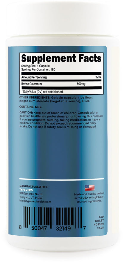 Type Zero Colostrum Supplement (500mg) 180 Capsules, Bovine Sourced - Gluten-Free, GMO-Free