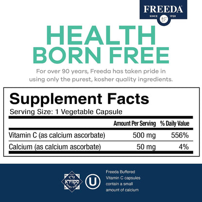 FREEDA Buffered Vitamin C 500mg for Immune Support - 100 Capsules - Includes 50mg Calcium - Supports Immune Health & Antioxidant Defense - Gentle on Stomachs, Kosher, Vegan, & Made in USA