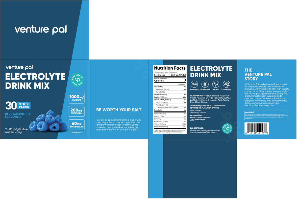 Venture Pal High Sodium Sugar Free Electrolytes Powder Packets, 16 Count - Hydration Packets with Sodium, Magnesium & Potassium, Vitamins, Zero Calories, Vegan, Keto & Paleo Friendly
