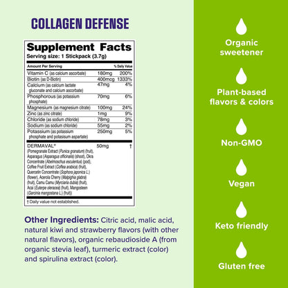 Ultima Replenisher Collagen Defense, Kiwi Strawberry, 13 Stickpacks - Daily Zero Sugar Supplement & Electrolyte Powder Hydration Packets with 6 Key Electrolytes, Dermaval & Biotin for Skin Health