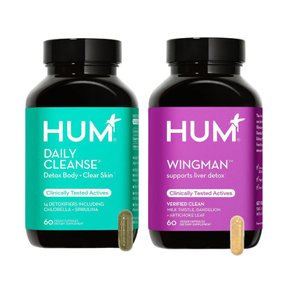 HUM Full Skin and Liver Health Supplement from Nutrition, Wingman and Daily Cleanse A Green Detox & Milk Thistle for Skin Care Support and Liver Health, 2 Pack Bundle, 60 Vegan Capsules