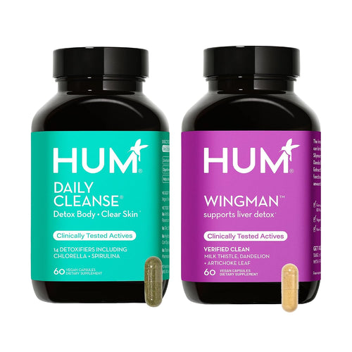 HUM Full Skin and Liver Health Supplement from Nutrition, Wingman and Daily Cleanse A Green Detox & Milk Thistle for Skin Care Support and Liver Health, 2 Pack Bundle, 60 Vegan Capsules