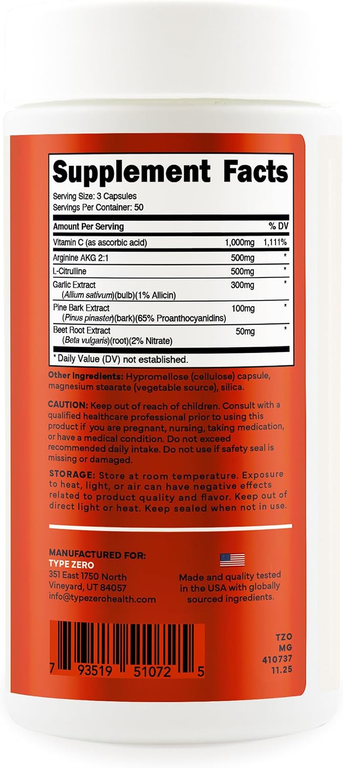 Type Zero Nitric Oxide 6X Booster, 150 Veggie Capsules, Natural Supplement - Beetroot, Arginine AKG, Citrulline, Pine Bark, Garlic & Vitamin C, Nitrous Oxide