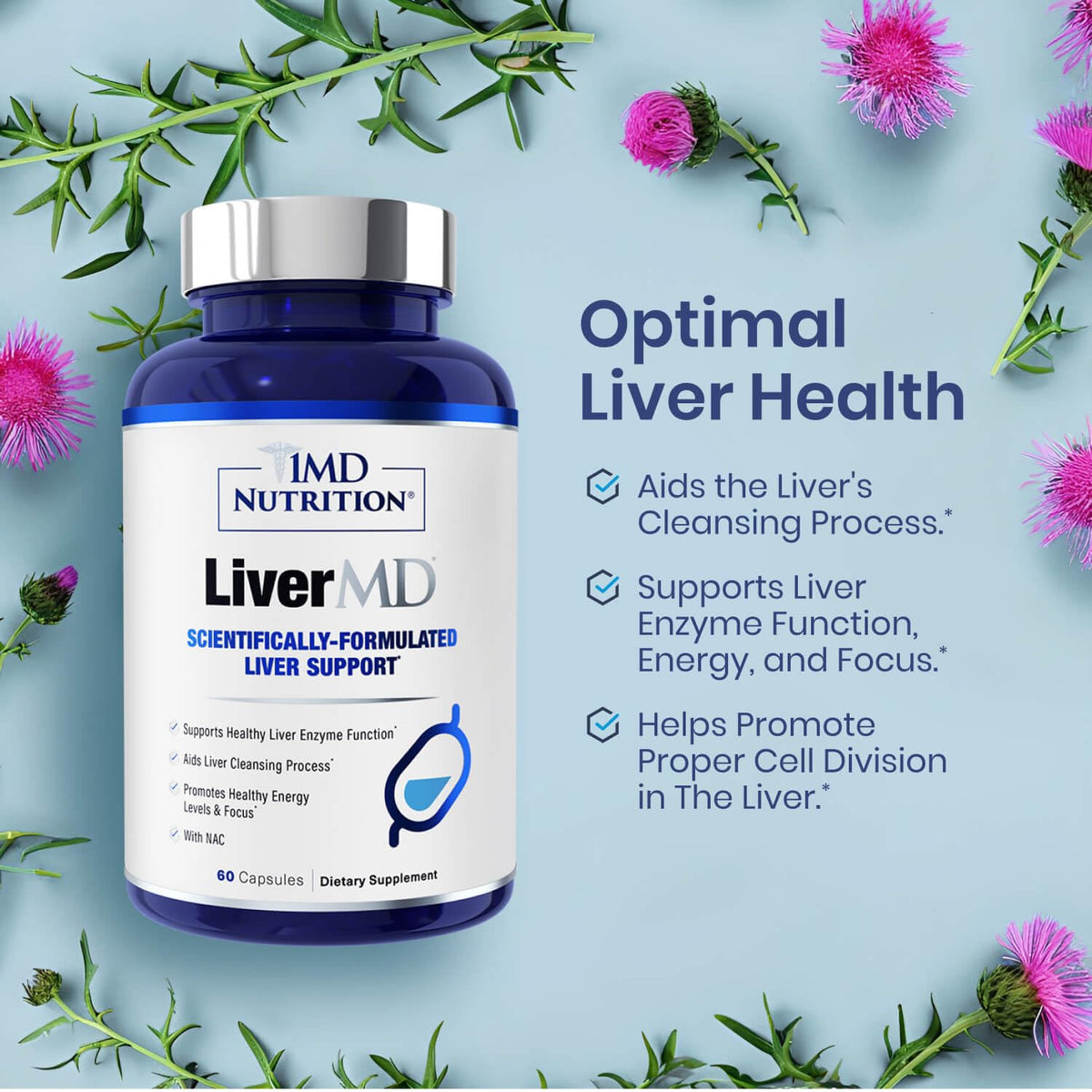 1MD Nutrition LiverMD - Liver Support Supplement - Siliphos Milk Thistle Extract & NAC - Supports Healthy Energy, Immunity & Overall Health