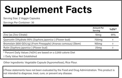 PURE Quercetin+ with Zinc, Bromelain, Rutin Immune Shield - 60 Capsules - High Bioavailability Antioxidant Complex for Respiratory Health & Viral Defense - Made in USA
