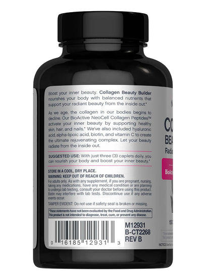NeoCell Collagen Beauty Builder - 150 Caplets - Grass Fed BioActive Peptides - with Biotin and Hyaluronic Acid - Radiant Skin & Strong Nails Supplement