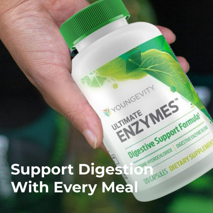 Youngevity Ultimate Enzymes - Multi Enzymes for Digestion, Gas & Bloating Relief - Betaine HCl, Ox Bile, Pancreatine 10X, Papain 6M, Pepsin 1:3000 (120 Capsules)
