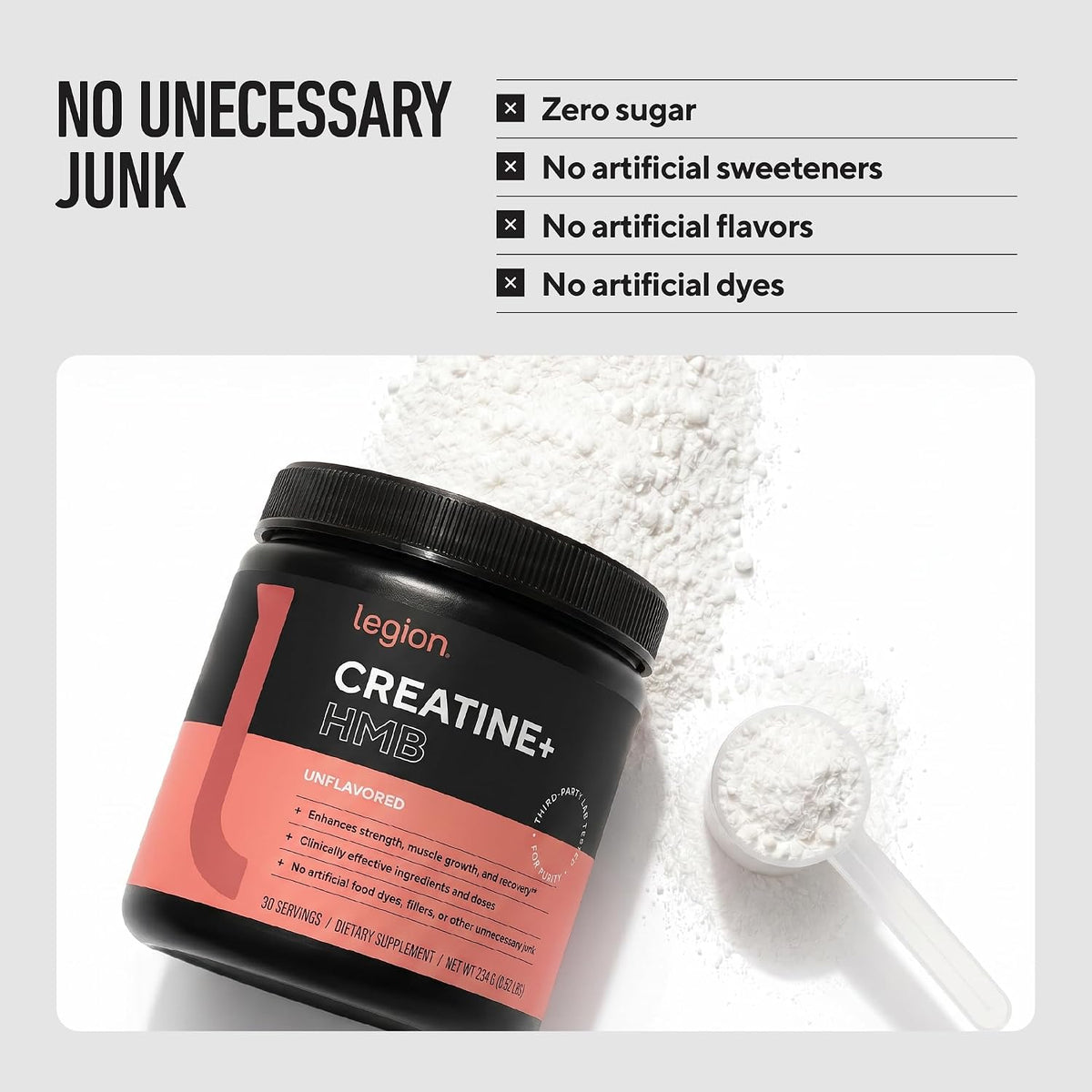 Legion Creatine HMB Powder - Micronized Creatine Monohydrate 5g with myHMB 2.5g - Unflavored Sports Nutrition Powder for Strength Training, Performance Support, and Post-Workout Recovery - 30 Servings