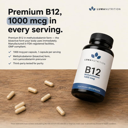 Luma Nutrition Vitamin B12 Methylcobalamin 1000 mcg – Energy & Nervous System Support, 60 Capsules