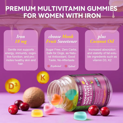 Totaria Sugar Free Womens Multivitamin Gummies with Iron, Women's Multivitamin w/Vitamins C, D3 K2, B12, B6, Filled Gummies for Daily Nutritional Support - Immune Support - Skin Health, Mixed Flavors