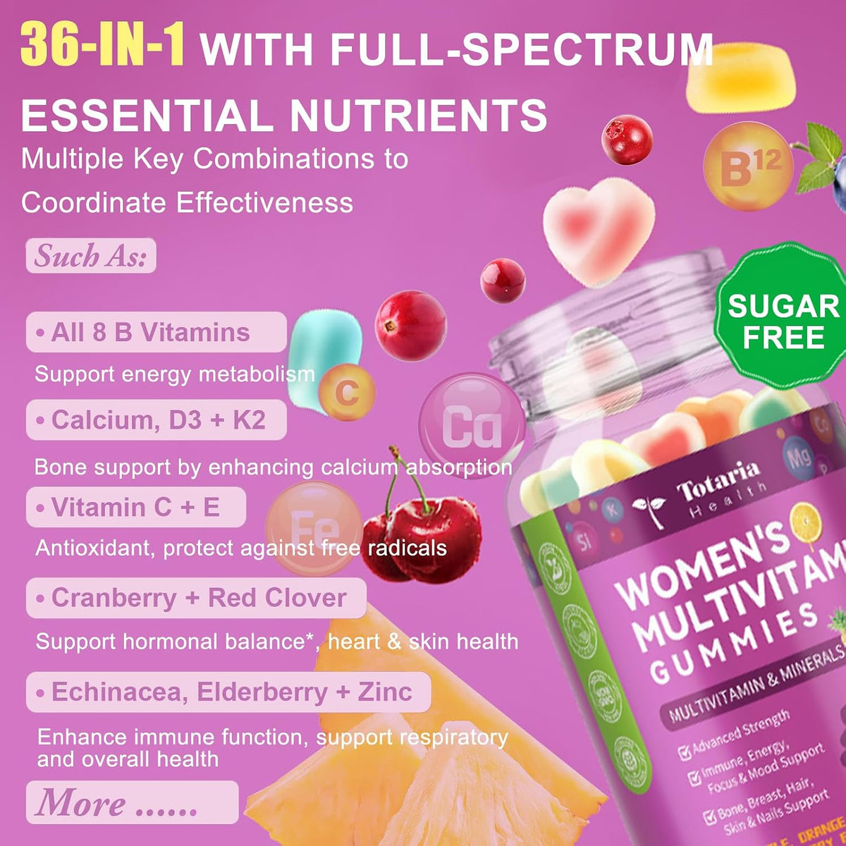 Totaria Sugar Free Womens Multivitamin Gummies with Iron, Women's Multivitamin w/Vitamins C, D3 K2, B12, B6, Filled Gummies for Daily Nutritional Support - Immune Support - Skin Health, Mixed Flavors