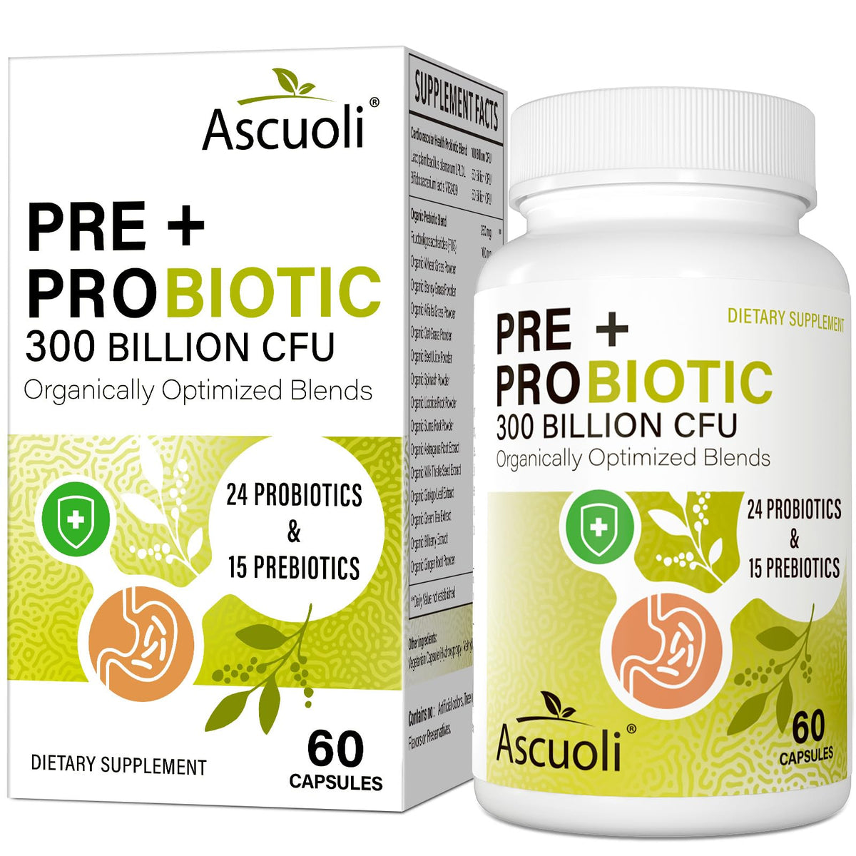 Ascuoli Probiotics for Women & Men - 300 Billion CFU, 24 Strains Probiotics + 15 Organic Herbs Blend, Daily Probiotic for Digestive Health