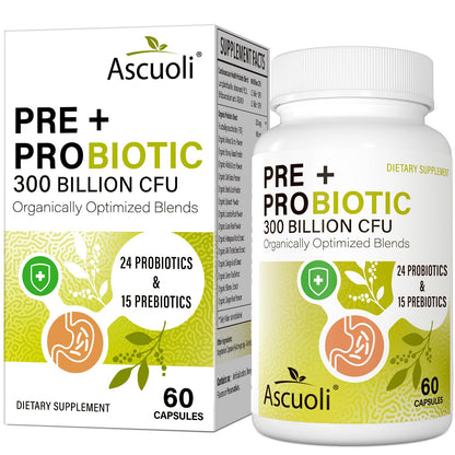 Ascuoli Probiotics for Women & Men - 300 Billion CFU, 24 Strains Probiotics + 15 Organic Herbs Blend, Daily Probiotic for Digestive Health