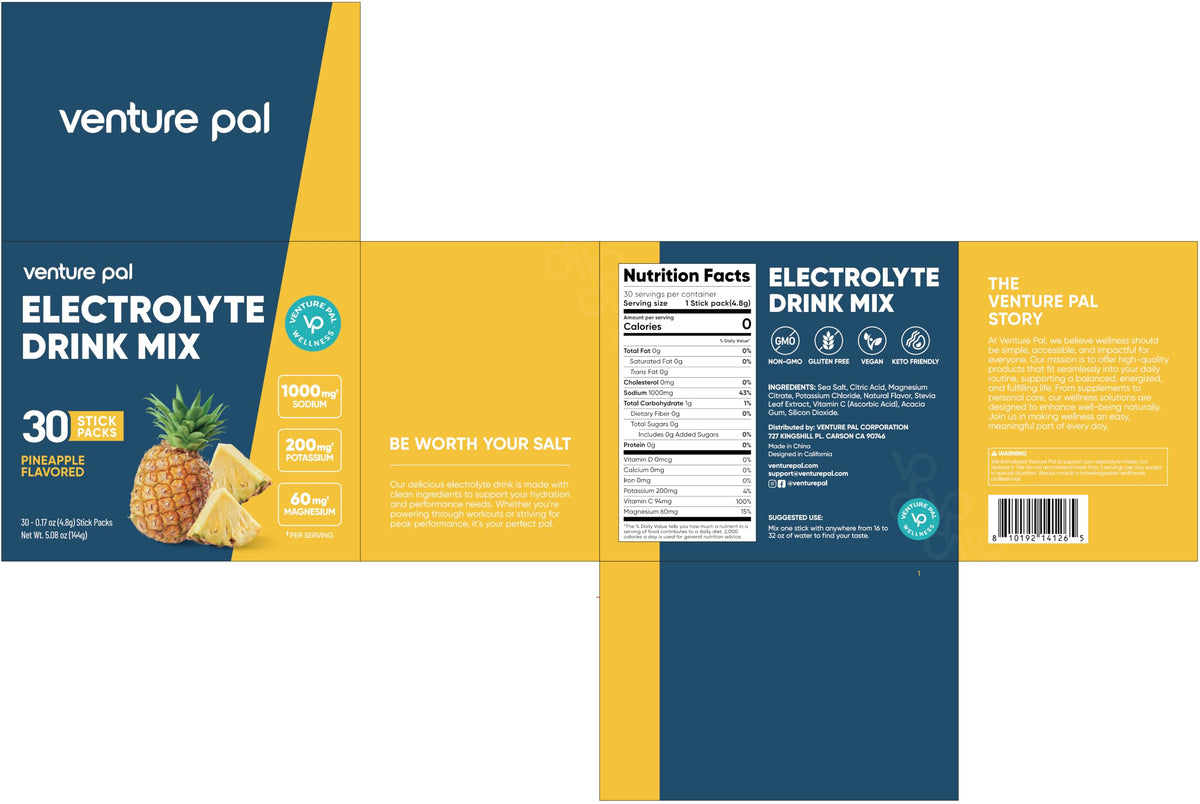 Venture Pal High Sodium Sugar Free Electrolytes Powder Packets, 16 Count - Hydration Packets with Sodium, Magnesium & Potassium, Vitamins, Zero Calories, Vegan, Keto & Paleo Friendly