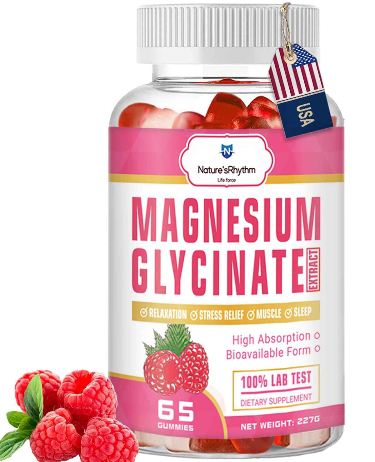 Nature‘s Rhythm Magnesium Gummies 500mg - 65 Ct - Magnesium Glycinate Supplements for Relaxation, Stress Relief, and Sleep for Adults & Kids Tasty and Tangy Raspberry Flavor