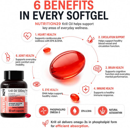 N29 Antarctic Krill Oil 500mg,60 softgels,Omega 3 Supplements with EPA,DHA - Astaxanthin,Phospholipid for Heart Brain Joint Skin Support,No Fishy Burps,Non-GMO, Gluten-Free