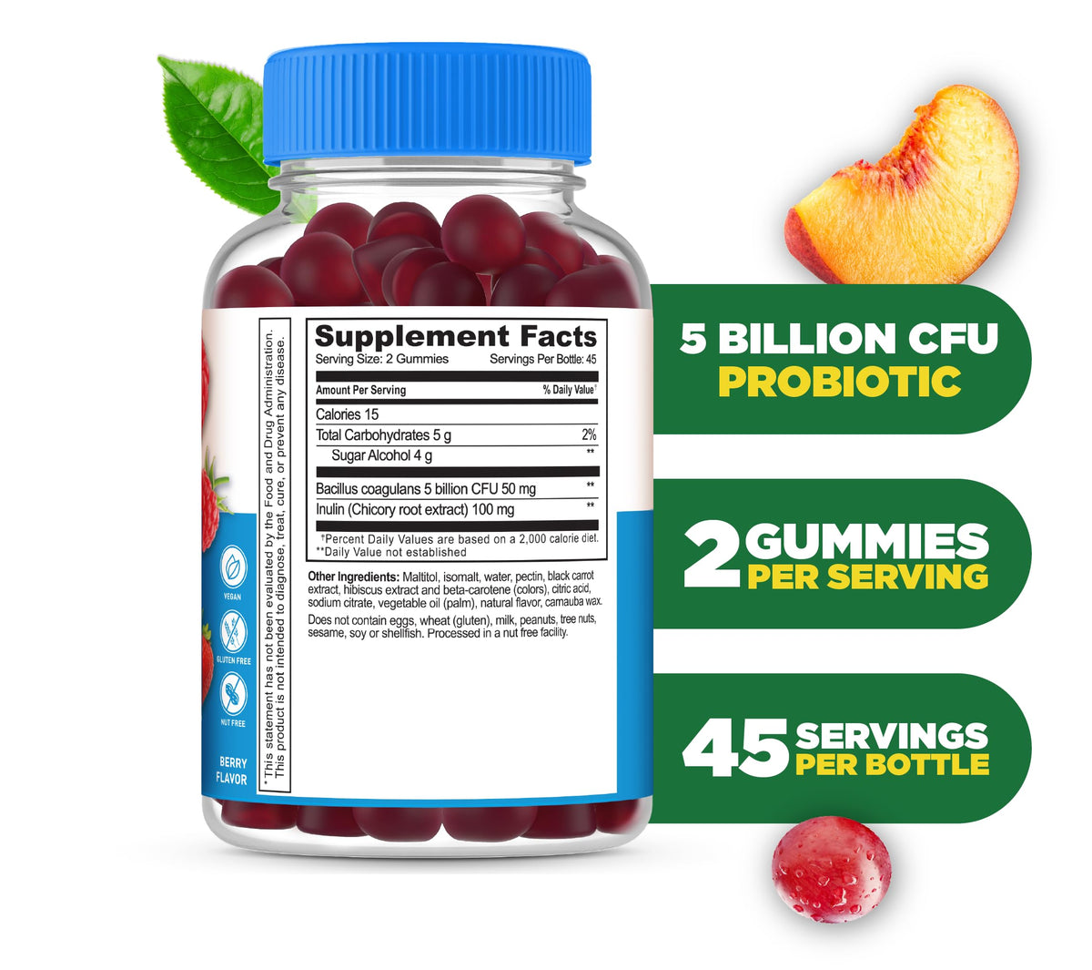 Lifeable Sugar Free Probiotics with Prebiotics Fiber - Great Tasting Natural Flavor Gummy Supplement - Keto Friendly Chewable - for Gut Health and Immune Support