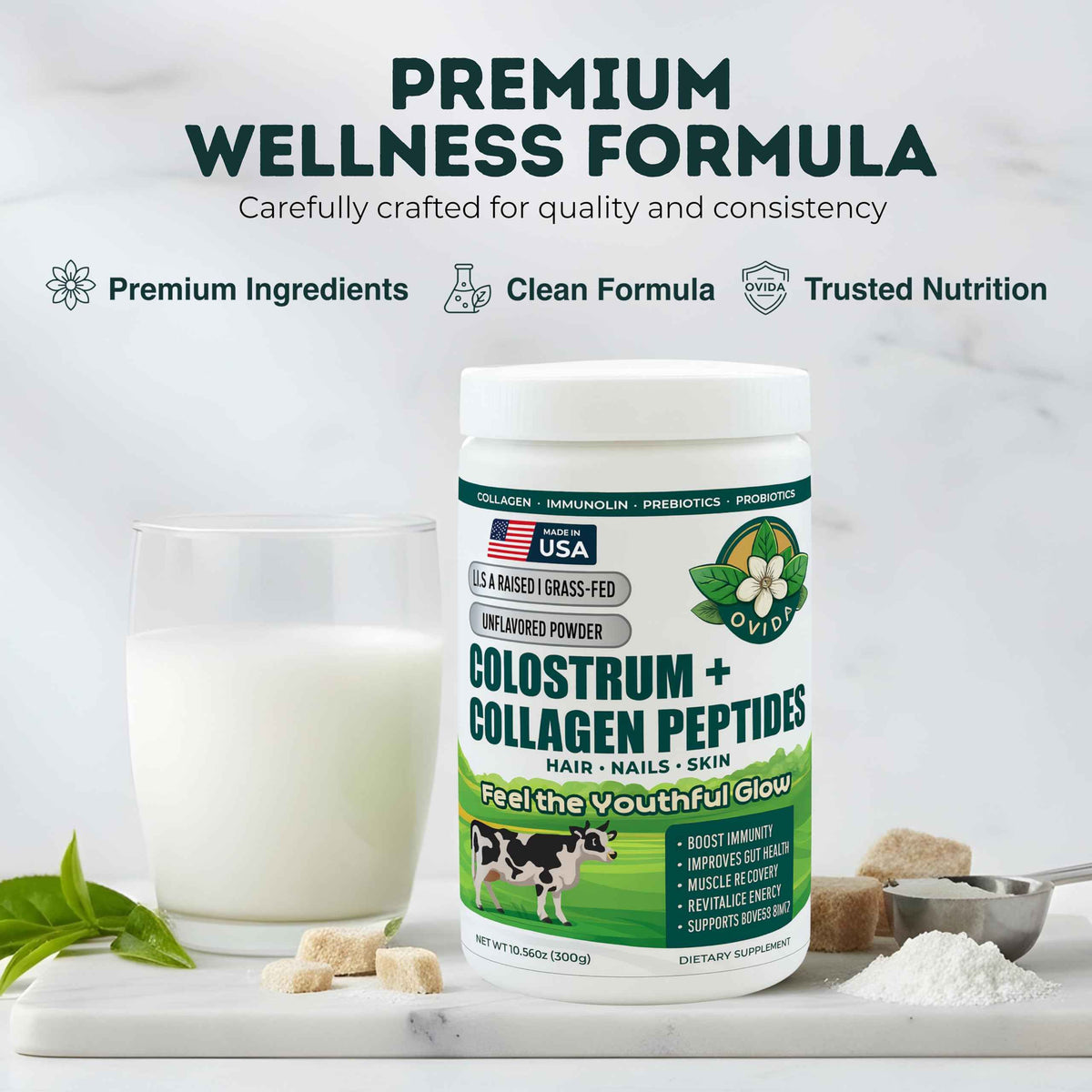Bovine Colostrum and Hydrolyzed Collagen Peptides Powder Supplement for Women & Men - Supports Gut Health, Joint & Bone Health, Hair Skin Nails - Grass-Fed, Non-GMO, Gluten Free, 300g (30 Servings)