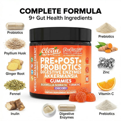 Clean Nutra Prebiotic Postbiotic Digestive Enzymes Gummies with Chicory Root, Boswellia Serrata, Turmeric, and Akkermansia - Pre+Post Probiotics Supplement