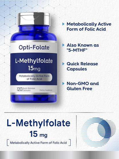 Carlyle L Methylfolate 15mg - 120 Capsules - Value Size - Max Potency - Optimized and Activated - Non-GMO, Gluten Free Supplement - Methyl Folate, 5-MTHF - by Opti-Folate