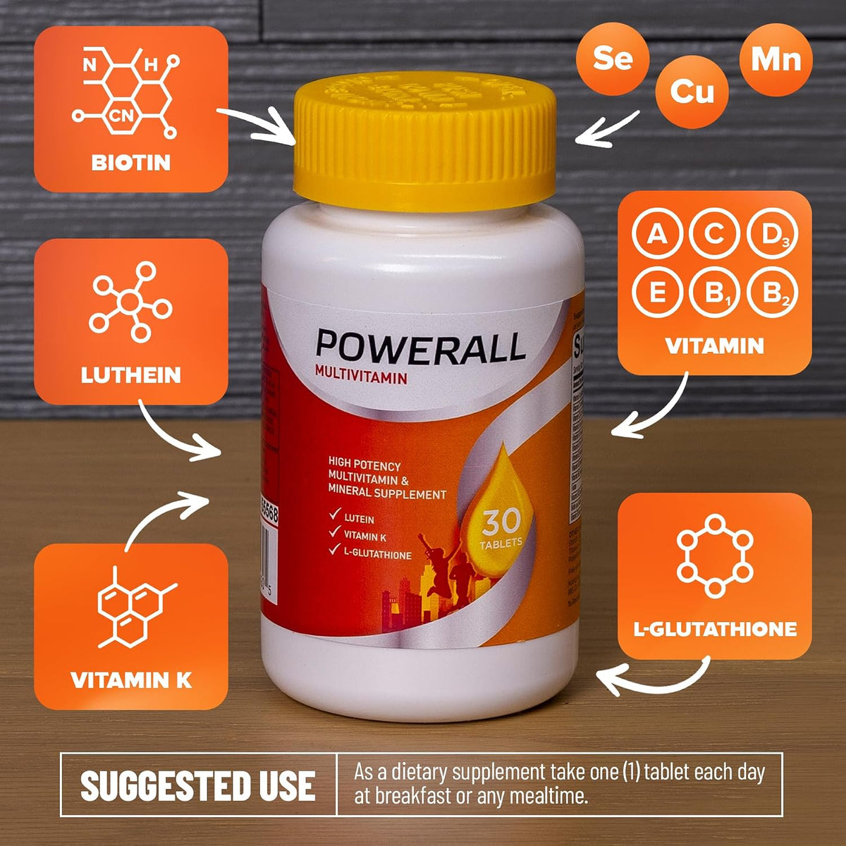 U.S. Health Club PowerAll Adult Multivitamin for Men & Women, 30 Tablets - Adult Multivitamin , Lutein, Vitamin K1, Iron, Zinc, Selenium, Boron, Chromium