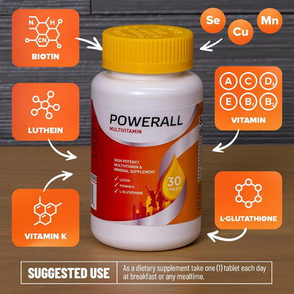 U.S. Health Club PowerAll Adult Multivitamin for Men & Women, 30 Tablets - Adult Multivitamin , Lutein, Vitamin K1, Iron, Zinc, Selenium, Boron, Chromium