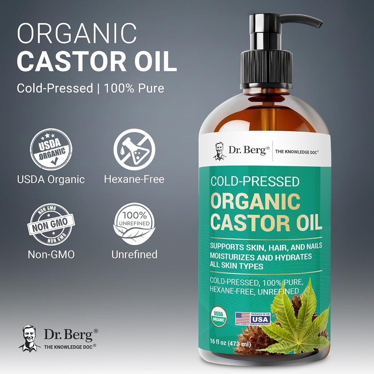 Dr. Berg Organic Castor Oil - 16 fl oz Cold-Pressed Oil - Pure, Unrefined, Single Ingredient - Sourced in India, Bottled in USA - Lab Tested, USDA Organic, Glass Bottle