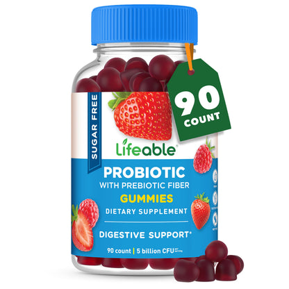 Lifeable Sugar Free Probiotics with Prebiotics Fiber - Great Tasting Natural Flavor Gummy Supplement - Keto Friendly Chewable - for Gut Health and Immune Support