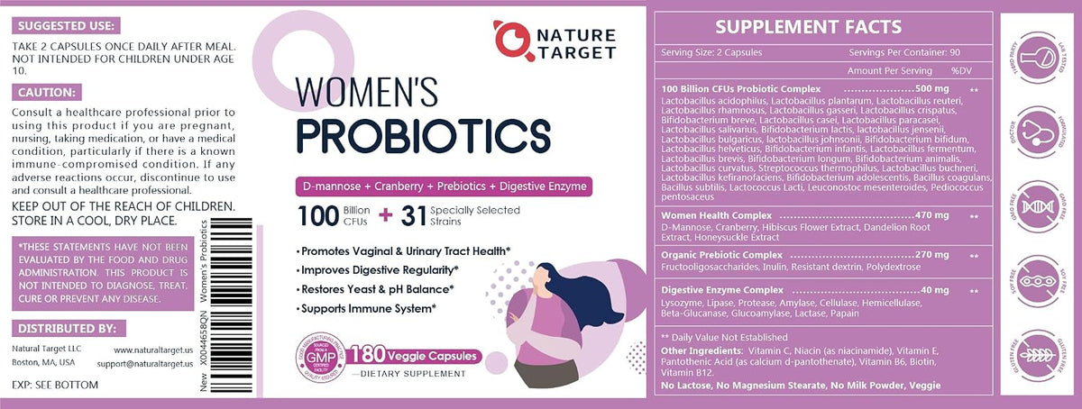 NATURE TARGET Women's Probiotic, 100 Billion CFU, 31 Strains, 90 Servings - With Prebiotic And Enzymes For Digestive Health,Cranberry, D-Mannose Support Urinary Tract & Vaginal Wellness, Shelf-Stable