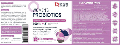 NATURE TARGET Women's Probiotic, 100 Billion CFU, 31 Strains, 90 Servings - With Prebiotic And Enzymes For Digestive Health,Cranberry, D-Mannose Support Urinary Tract & Vaginal Wellness, Shelf-Stable