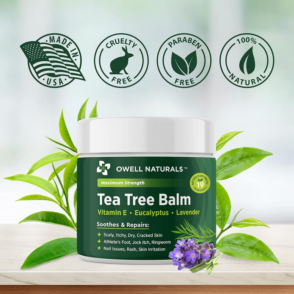 Owell Naturals Tea Tree Antifungal Balm - Extra Strength for Athlete’s Foot, Jock Itch, Ringworm & Skin Fungus - Soothing for Itchy, Dry, Cracked Skin, Feet & Body, 2 oz