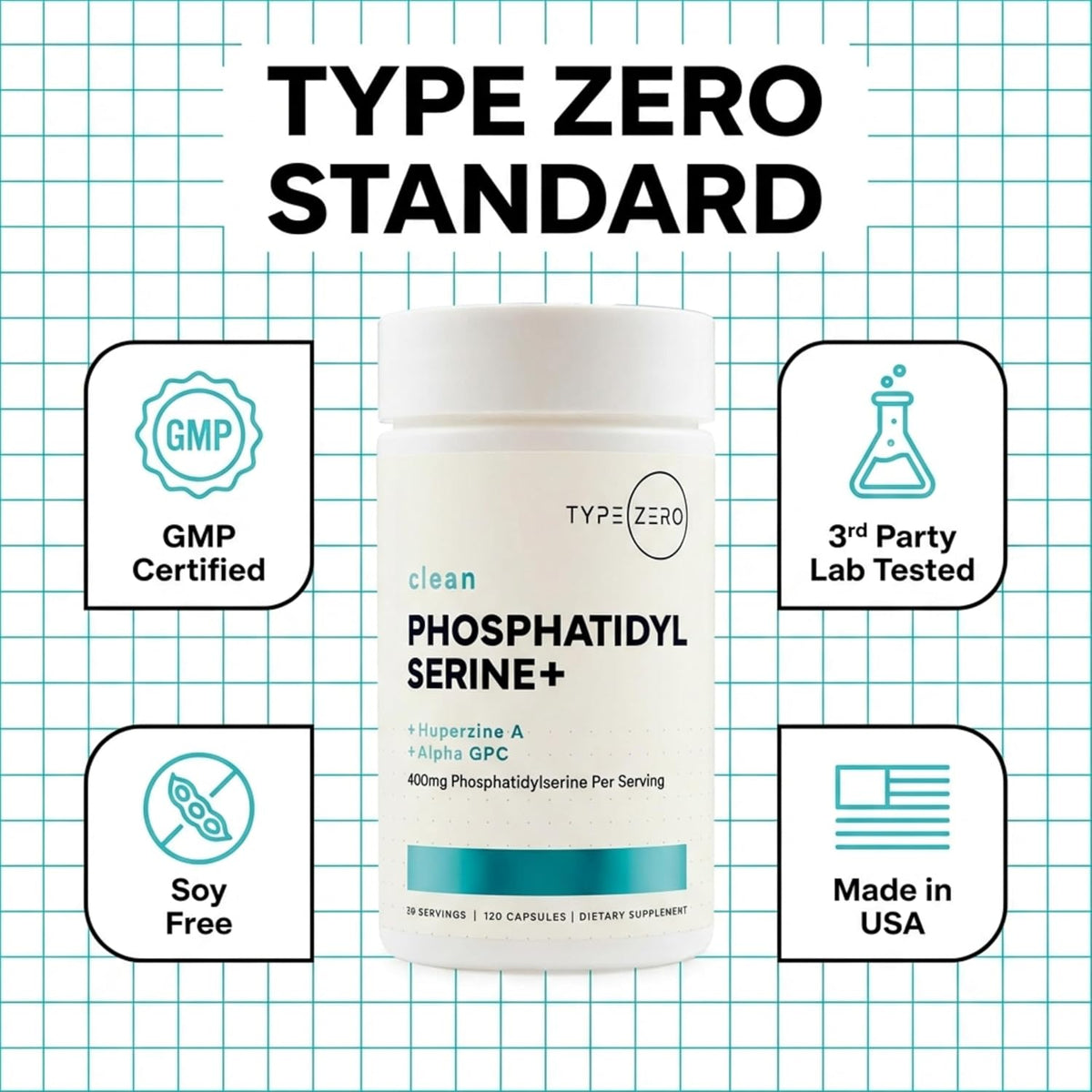 Type Zero Phosphatidylserine+ (400mg) 120 Capsules, 30 Servings - With Huperzine A + Alpha GPC, 3X Strength Nootropics Brain Support Supplement, Clean Focus & Memory