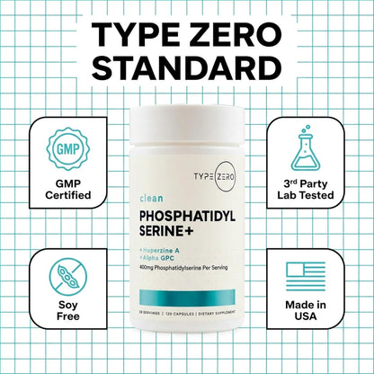 Type Zero Phosphatidylserine+ (400mg) 120 Capsules, 30 Servings - With Huperzine A + Alpha GPC, 3X Strength Nootropics Brain Support Supplement, Clean Focus & Memory