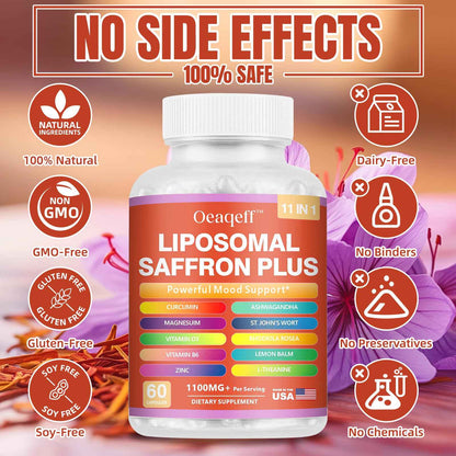 Oeaqeff Liposomal Saffron Supplements -11 in 1 100% Pure Saffron Extract 88.5 mg Maximum Absorption for Mood, Energy & Vision,Vegan, Non-GMO - 60 Vegan Capsules (1)