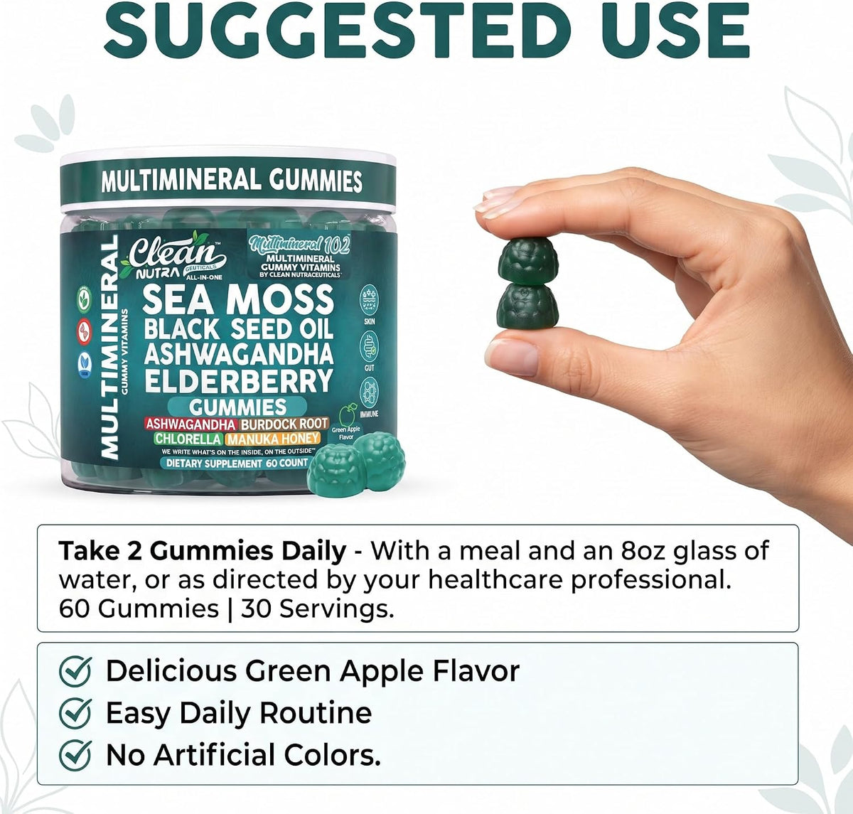 Sea Moss Gummies - Clinically Tested - Black Seed Oil Ashwagandha Elderberry Burdock Root Chlorella Manuka Honey - Vegan Irish Sea Moss Gummy Vitamins for Adults Kids Men Women - Green Apple Flavor