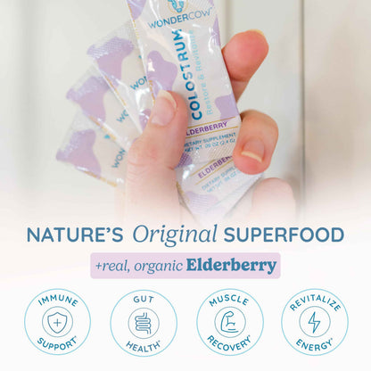 WONDERCOW Colostrum Supplement Powder for Gut Health, Immune Support & Wellness - Natural IgG Pure Whole Bovine Colostrum Superfood, Elderberry, 30 Servings
