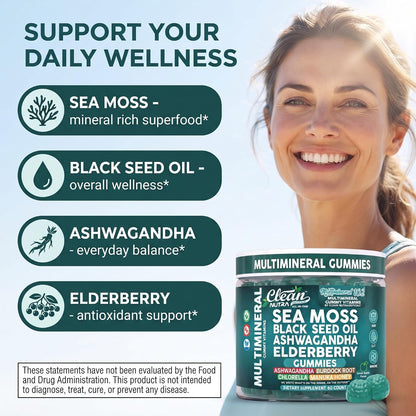 Sea Moss Gummies - Clinically Tested - Black Seed Oil Ashwagandha Elderberry Burdock Root Chlorella Manuka Honey - Vegan Irish Sea Moss Gummy Vitamins for Adults Kids Men Women - Green Apple Flavor