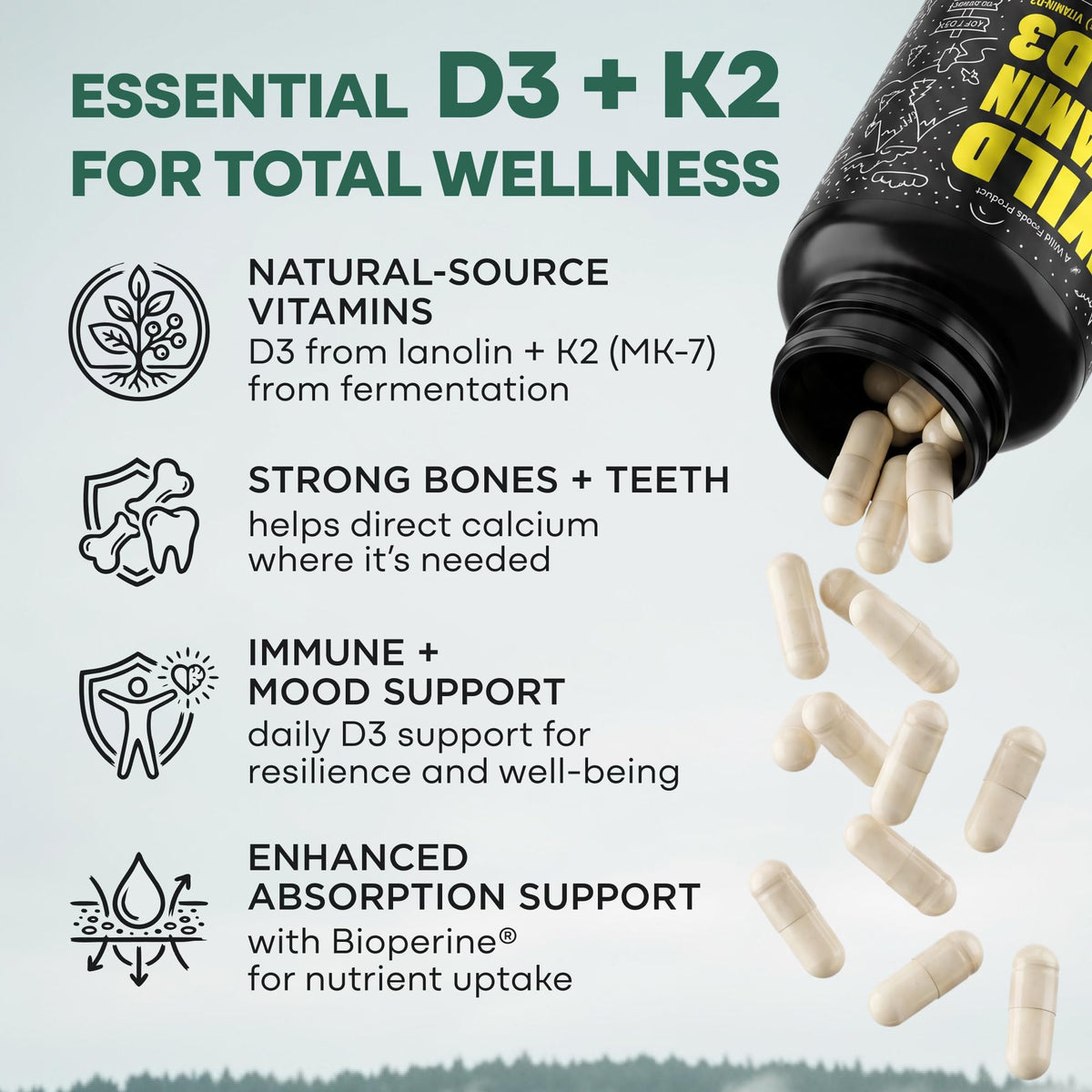 Wild Foods 5000iu Vitamin D3 + K2 - (100mcg Mk7) with Black Pepper Extract, Plant-Based, Non-GMO, Soy & Gluten-Free - Dietary Supplement - Made in USA - 60 Capsules