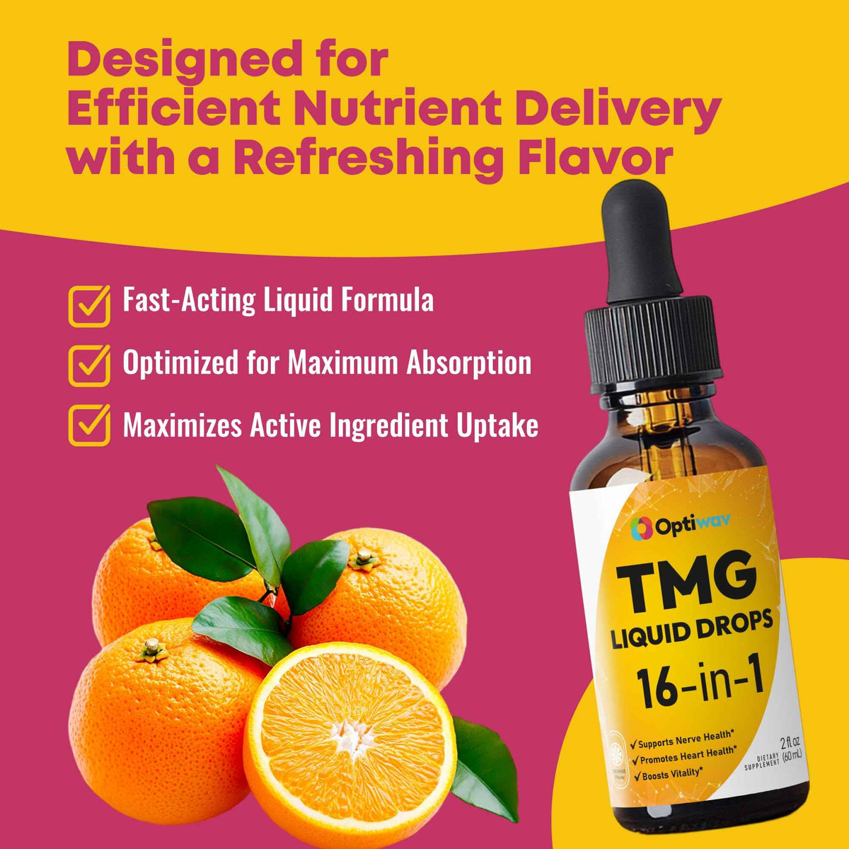 Optiwav TMG Trimethylglycine Liquid Drops - Betaine High Absorption Methylated Vitamins Supplement for Homocysteine Methylation & Heart Health Support - Orange Flavor Gluten Free Vegan - 2 fl oz