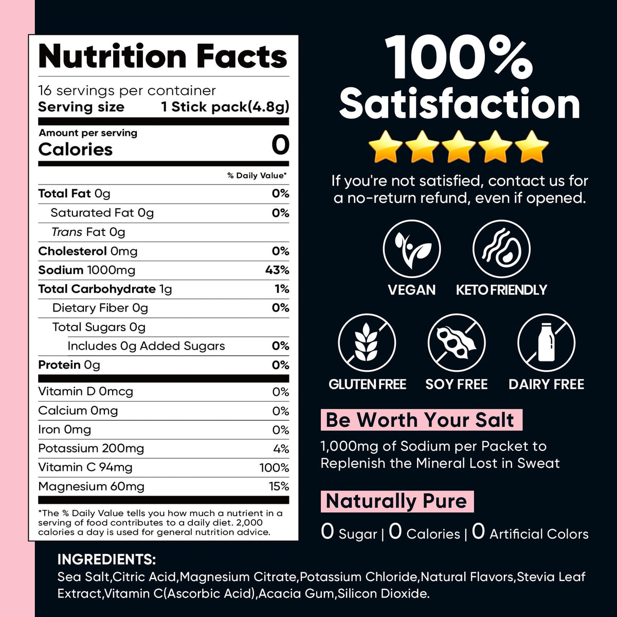 Venture Pal High Sodium Sugar Free Electrolytes Powder Packets, 16 Count - Hydration Packets with Sodium, Magnesium & Potassium, Vitamins, Zero Calories, Vegan, Keto & Paleo Friendly
