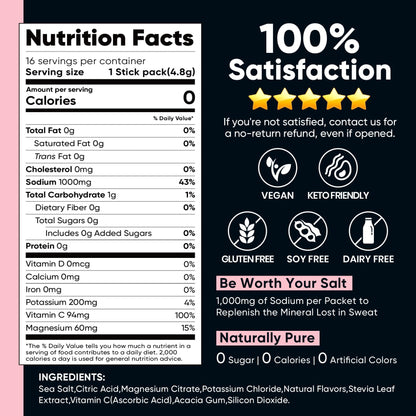 Venture Pal High Sodium Sugar Free Electrolytes Powder Packets, 16 Count - Hydration Packets with Sodium, Magnesium & Potassium, Vitamins, Zero Calories, Vegan, Keto & Paleo Friendly