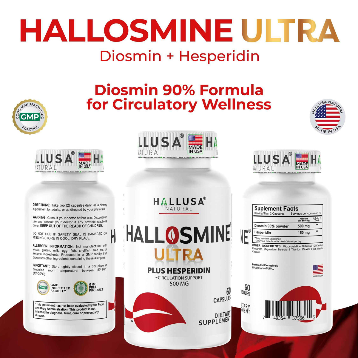 Hallosmine Ultra 650mg Diosmin Hesperidin, 60 Capsules + FREE Leg Cream with Diosmin, Hesperidin & Horse Chestnut, 4 oz - Blood Circulation & Vein Support Supplement, GMO Free, Gluten Free
