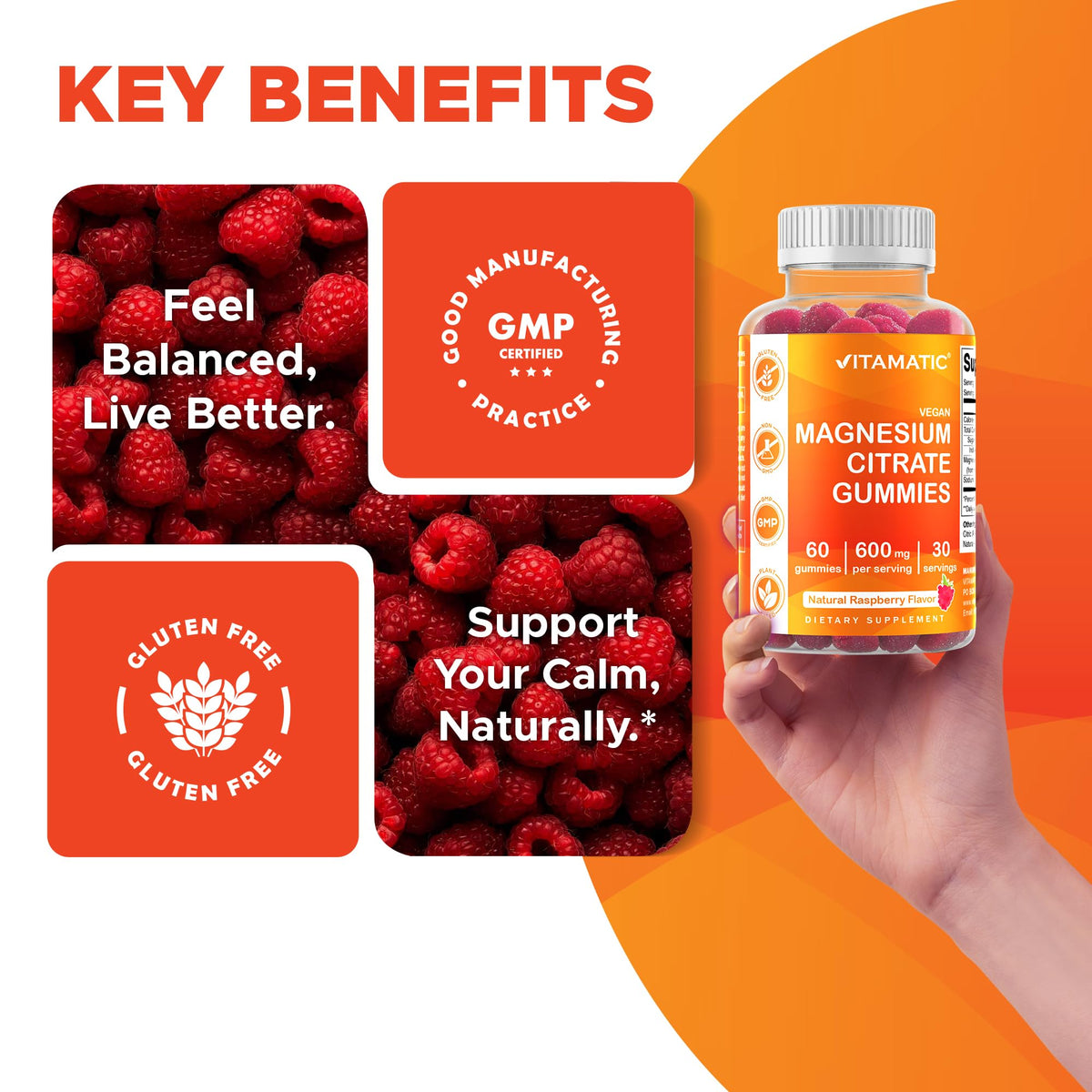 Vitamatic Magnesium Gummies 600mg per Serving - 60 Vegan Count for Relaxation, Muscle, Bone, and Energy Support