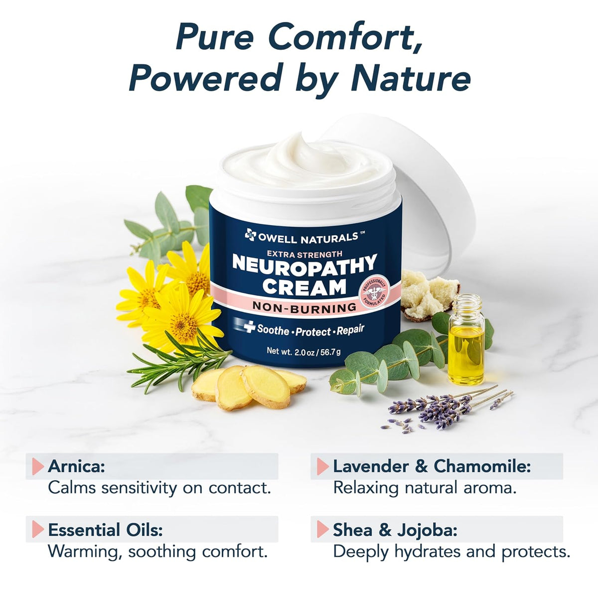 Owell Naturals Neuropathy Cream - Extra Strength Fast-Acting Comfort for Feet, Hands & Legs - Non-Burning Soothing Formula with Arnica - Cooling Skin Relief Cream, 2 oz