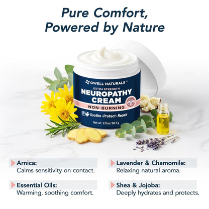 Owell Naturals Neuropathy Cream - Extra Strength Fast-Acting Comfort for Feet, Hands & Legs - Non-Burning Soothing Formula with Arnica - Cooling Skin Relief Cream, 2 oz