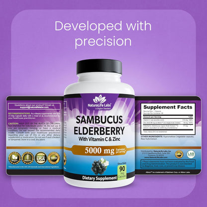 NaturaLife Labs Sambucus Elderberry Capsules - with Vitamin C & Zinc - Immune Support Supplement - 90 Vegan Capsules - Non-GMO & Gluten-Free