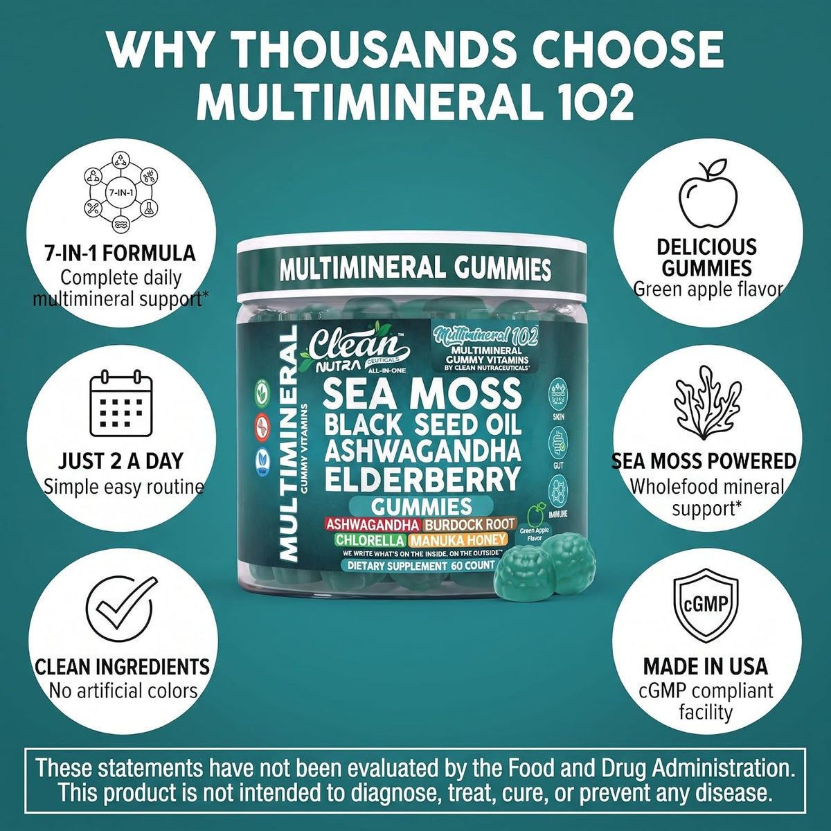 Sea Moss Gummies - Clinically Tested - Black Seed Oil Ashwagandha Elderberry Burdock Root Chlorella Manuka Honey - Vegan Irish Sea Moss Gummy Vitamins for Adults Kids Men Women - Green Apple Flavor