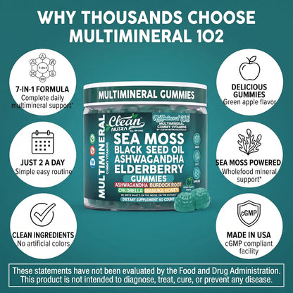 Sea Moss Gummies - Clinically Tested - Black Seed Oil Ashwagandha Elderberry Burdock Root Chlorella Manuka Honey - Vegan Irish Sea Moss Gummy Vitamins for Adults Kids Men Women - Green Apple Flavor
