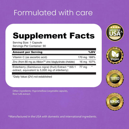 NaturaLife Labs Sambucus Elderberry Capsules - with Vitamin C & Zinc - Immune Support Supplement - 90 Vegan Capsules - Non-GMO & Gluten-Free