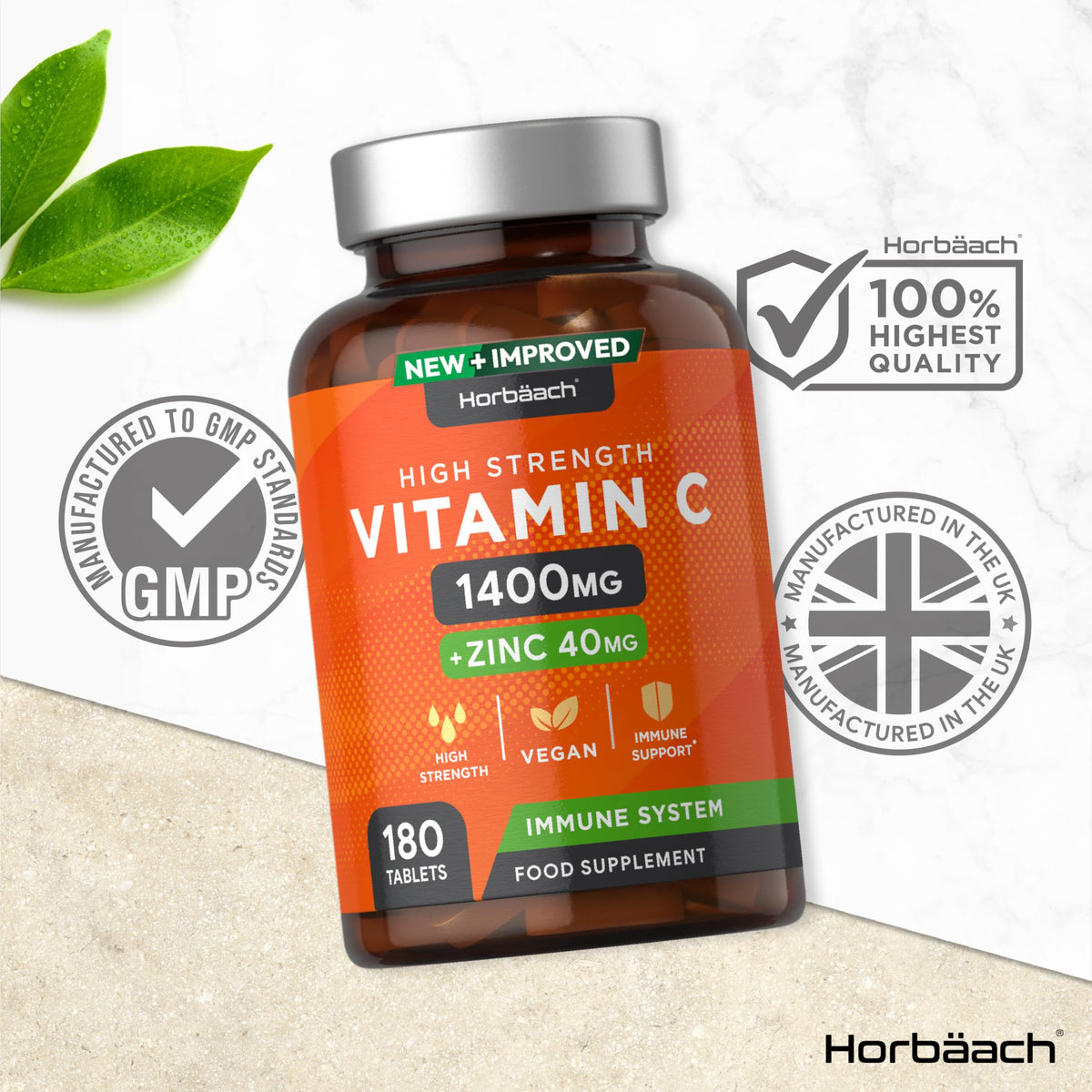 Vitamin C and Zinc - 180 Vegan Tablets - High Strength Vitamin C 1400mg and Zinc 40mg